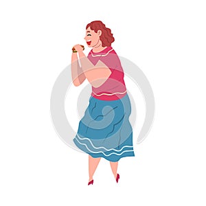 Cheerful Plump Woman Eating Hamburger, Plus Size Woman in Casual Clothes Enjoying of Fast Food Dish, Unhealthy Lifestyle