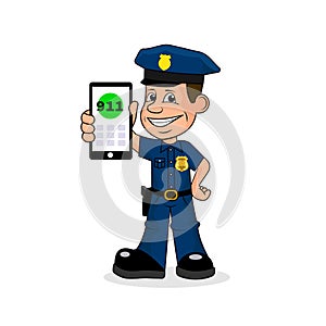 Cheerful policeman with phone in hand calling 911 vector illustration