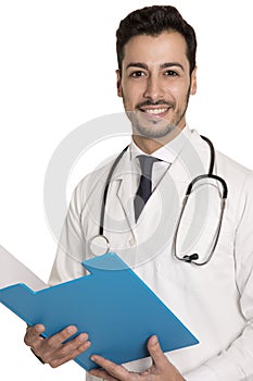 Cheerful portrait of a caucasian doctor with open blue folder a blue tie and a black stethoscope