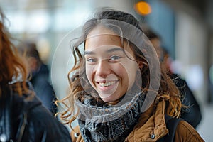 Cheerful Portrait of female student talking with university friends