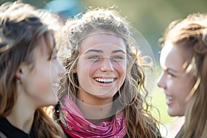 Cheerful Portrait of female student talking with university friends