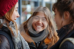Cheerful Portrait of female student talking with university friends