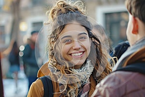 Cheerful Portrait of female student talking with university friends