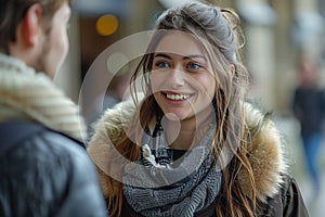 Cheerful Portrait of female student talking with university friends