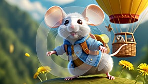 A cheerful, positive cute mouse - a dreamer wants to fly in a hot air balloon