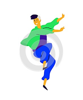 Cheerful positive guy. Vector. Illustration of a dancing young man. Character for the dance studio. Flat style. Company logo. Move