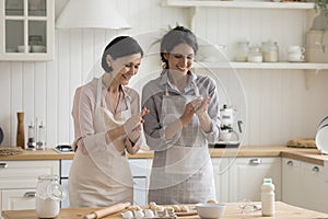 Cheerful positive mature mom and adult child woman baking pies