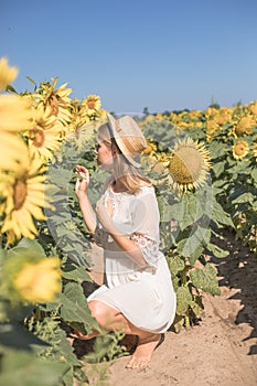 Cheerful positive young woman posing on camera among field of sunflowers. Happy girl  in straw hat during summertime. Harvest