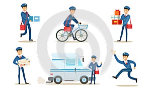 Cheerful Postman or Mailman Delivering Mails and Packages Set Vector Illustration