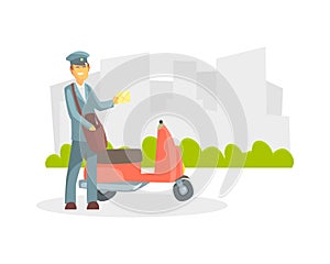 Cheerful Postman in Uniform Delivering Letters Using Motorbike, Express Delivery Service Vector Illustration