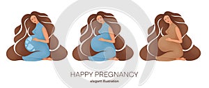 Cheerful Pregnant Woman Holding a Belly isolated on white. Pregnancy motherhood banner. Childbirth, tender family goals