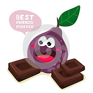 Cheerful prune with chocolate bars and quote. Best friends forever. Vector illustration in cartoon flat style on a white backgroun