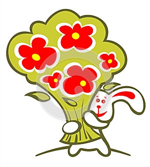 Cheerful rabbit and flowers