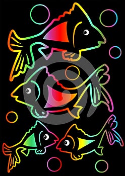 Cheerful rainbow neon fishes on black background