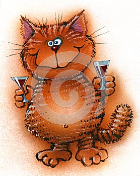 Cheerful red cat offers to drink alcohol