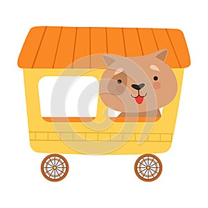 Cheerful Red Cheeked Dog Driving Toy Wheeled Carriage Vector Illustration