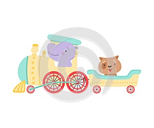 Cheerful Red Cheeked Hippo and Dog Driving Toy Train Vector Illustration