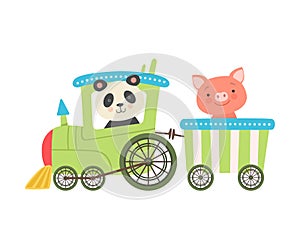 Cheerful Red Cheeked Panda and Pig Driving Toy Train Vector Illustration