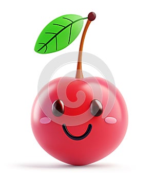 Cheerful red cherry character with a single green leaf and stem