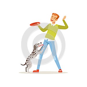 Cheerful red-haired man playing with his dog. Guy having fun with pet outdoors. Cartoon male character in sweater and