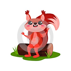 Cheerful red squirrel sitting on tree log. Forest rodent with big fluffy tail and tassels on ears. Flat vector for