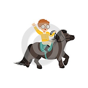 Cheerful redhead little boy riding pony horse, childrens equestrian sport vector Illustration