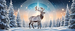 A cheerful reindeer stands in a snowy forest under glowing stars, creating a magical holiday scene photo