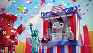 Cheerful robot encouraging anthropomorphic states to vote