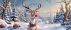Cheerful Rudolph the Reindeer Standing in a Snowy Winter Wonderland Scene photo