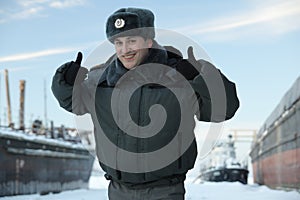 Cheerful russian policeman with a smile on his face