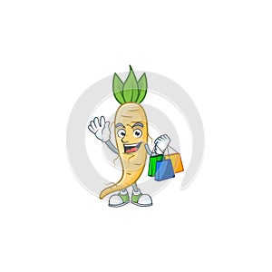 Cheerful salsify mascot waving and holding Shopping bags