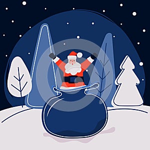 Cheerful santa claus with christmas presents in snow scene