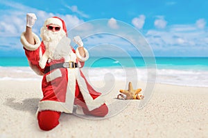 Cheerful Santa Claus is happy about his perfect vacation destin