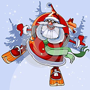 Cheerful Santa Claus on skis flies