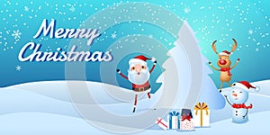 Cheerful santa claus, snowman, reindeer are christmas companion. Christmas presents in snow scene.