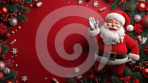 Cheerful Santa Claus waving with festive decorations around him photo