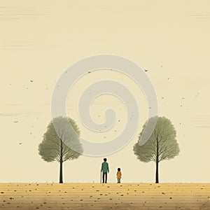 Cheerful Scene: A Childlike Illustration Of Two People Walking In An Empty Field