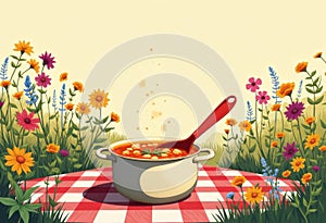 Colorful pot of soup surrounded by vibrant flowers on a picnic blanket photo