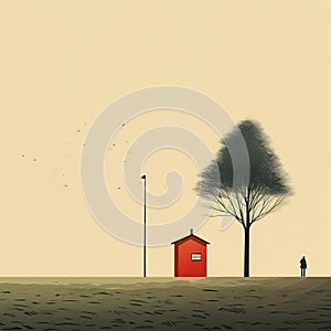 Cheerful Scene: Red Cabin With Conceptual Minimalism And Life-like Avian Illustrations