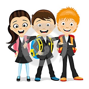 Cheerful school children with school backpacks.