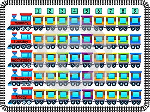 Cheerful school timetable made by trains and wagons.