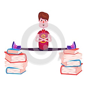 A cheerful schoolboy in red T-shirt and jeans sits in twine on two stacks of textbooks