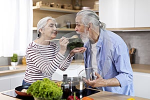 Cheerful senior couple having fun while preparing lunch together in kitchen