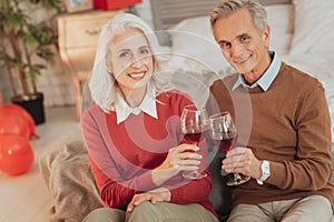 Cheerful senior couple having romantic dinner