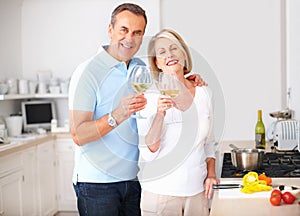 Cheerful senior couple toasting wine glasses at kitchen. Portrait of a cheerful senior couple toasting wine glasses at