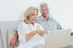 Cheerful senior couple using laptop at house