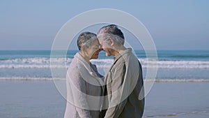 Cheerful senior man and woman embracing each other on beach