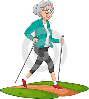 Cheerful senior woman exercising by walking