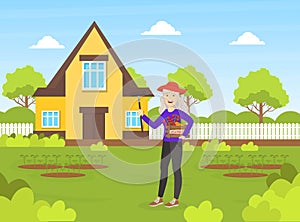 Cheerful Senior Woman Working in the Garden, Elderly People Active Lifestyle Vector Illustration