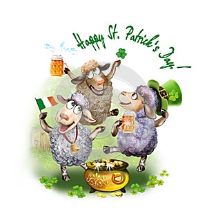 Cheerful sheep celebrate St. Patrick`s Day